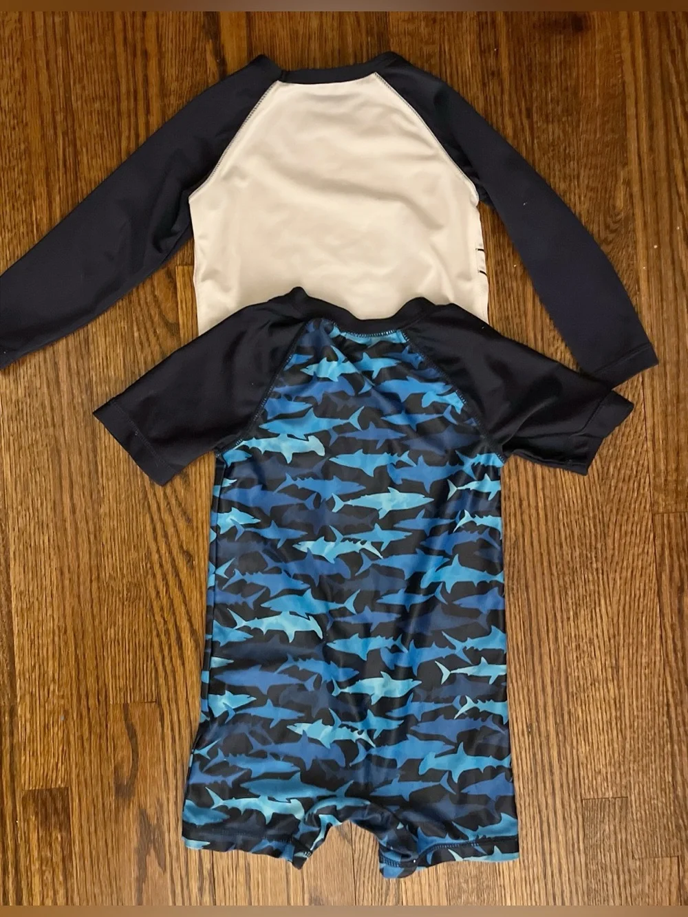 Old Navy Boys Swim Set - Blue Shark Print One-Piece and Dinosaur Rash Guard